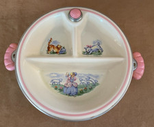 Vintage 1940s Little Bo Peep Divided Bowl Warmer Dish Ceramic and Chrome pink