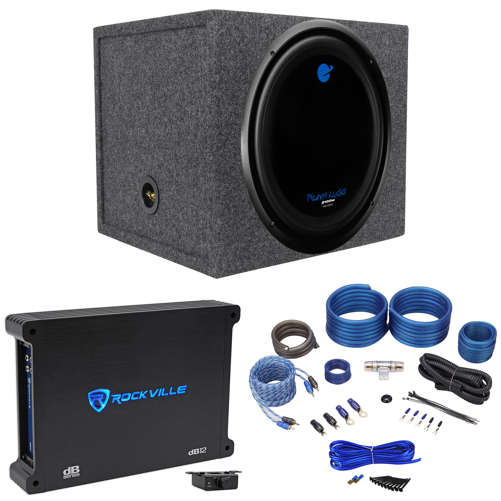 Автомобильный сабвуфер Planet Audio AC15D мощностью 2100 Вт на 15 л.с. + Герметичная коробка + моноусилитель + Комплект усилителей