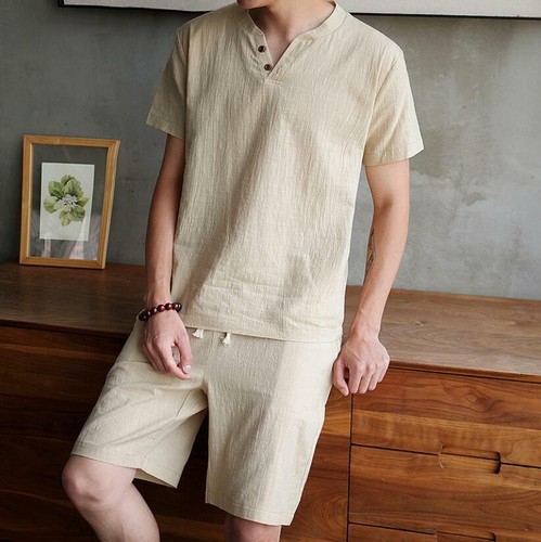 2-Piece Sets Tracksuit Mens Short Sleeve T Shirts and Shorts Cotton Linen Outfit - Picture 8 of 24