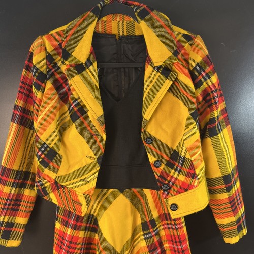 Vtg 2 Pc Plaid Wool Dress & Crop Jacket Set Pin Up Retro Small Yellow Red Black - Picture 5 of 13
