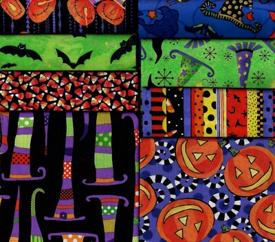 Fabric, Halloween Fat Quarter Set of 8, Witch Hats, Jack-o-lanterns, Bats, Candy