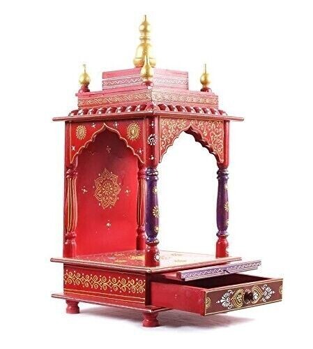 Tempio In Legno Pooja Mandir Handmade - 28x26.5x28cm, Design Multicolore, Per Casa E Ufficio, Decorazione Spirituale