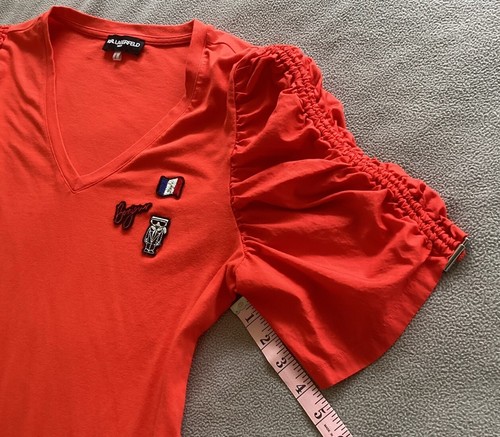 Karl Lagerfeld Women’s Orange V Neck Ruched Short Sleeves Pullover Size Large - Picture 12 of 13