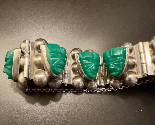 Sterling Silver Green Onyx Aztec Warrior Panel Link Bracelet Mexico 1" tall - Picture 5 of 8