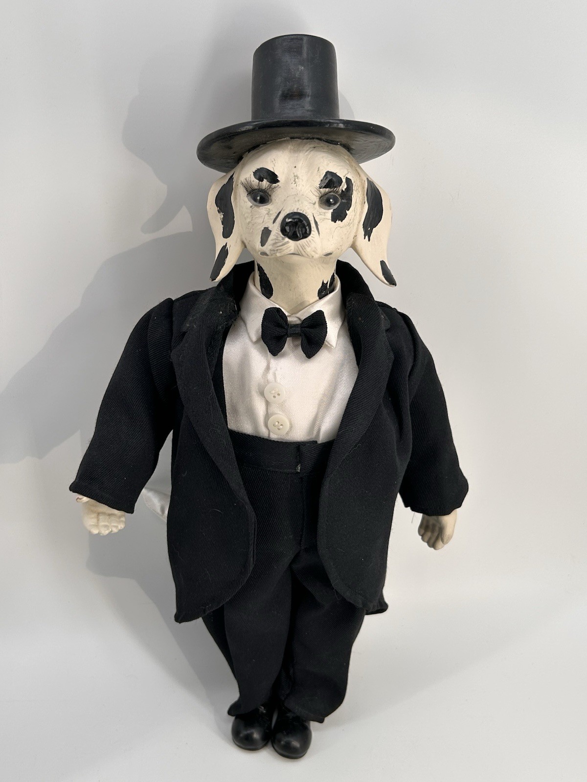 Vintage Anthropomorphic Fancy Dog Wearing Tuxedo Porcelain Plush Doll 18”
