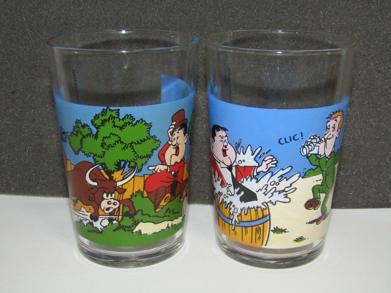 Lot Of 2 Vintage Mustard Glasses France 1973 Laurel And Hardy