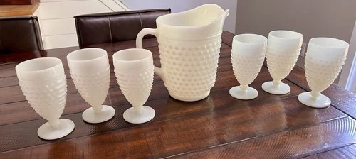 Vintage Anchor Hocking Hobnail White Milk Glass Large Pitcher 6 Goblets