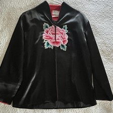 Vtg 1960s Black Satin Chinese Jacket Embroidered Peony Mandarin Collar S/M/L