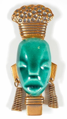 Elzac Vinage Ceramic & Copper Tribal Head / Face Brooch - Picture 3 of 11