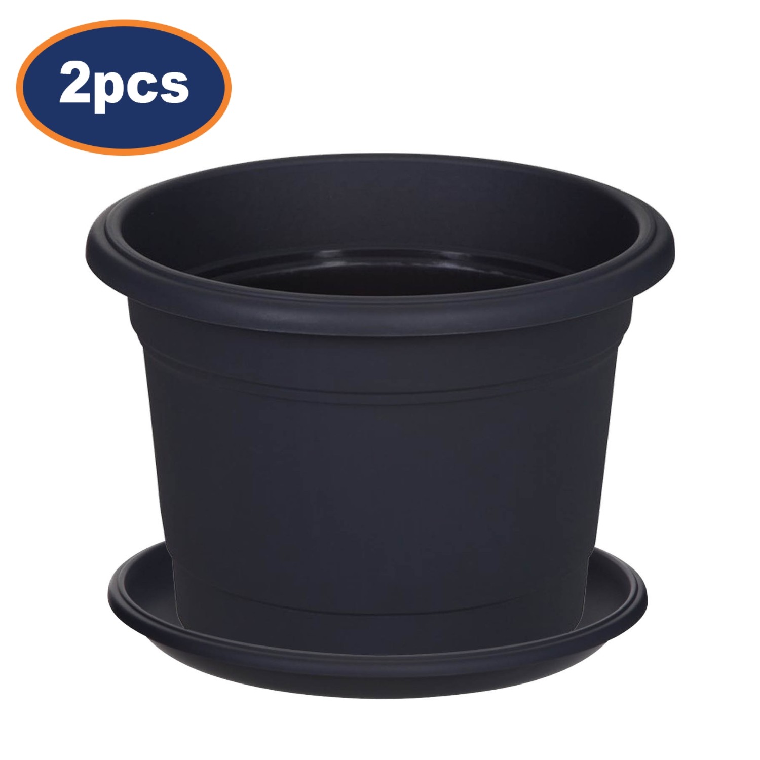 2Pcs 30cm Round Black Planter & Drip Saucer Milano Traditional Garden Plant Pot