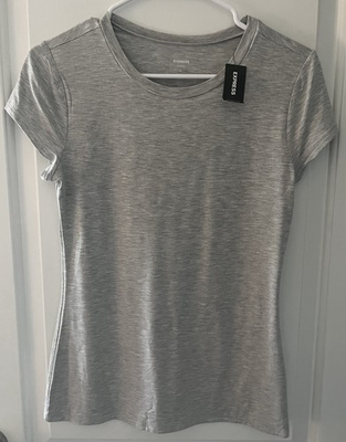 #ad Express Women#x27;s Supersoft Fitted Double Layer Crew Neck Tee in a grey color NWT $22.99
