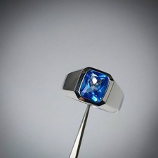 Cushion Cut Natural London Blue Topaz 925 Sterling Silver Men's Ring