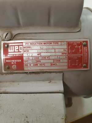 WEG 1/2 HP Elec Motor, Model 12 36 56