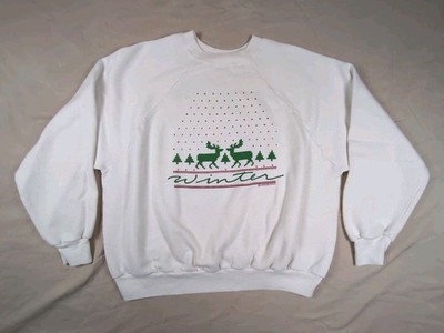 Vtg 90s Sportswear Winter White Sweatshirt Ugly Christmas Snow Deer 