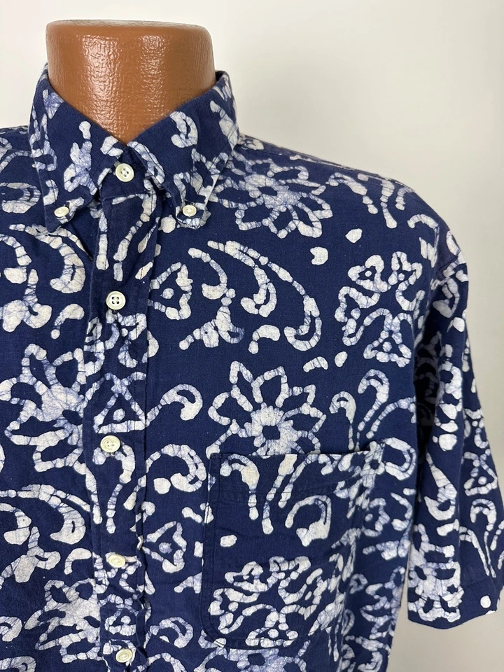 Vintage Lands End Madras Shirt Men L Batik Floral Geometric Hawaiian Cotton USA - Image 2 of 4
