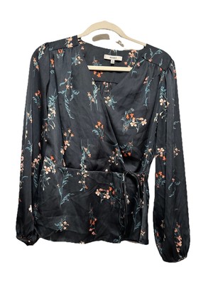 Anthropologie Ro&De Women s  Faux Wrap Top XS Long Sleeve Satin Floral Blouse