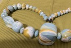 Vintage Hand Painted Wooden Beaded Necklace Blue Gold White Marble Geometric — photo 4
