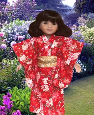 RRFF Red, White and Pink Floral Kimono and Obi fitting 15 in Dolls