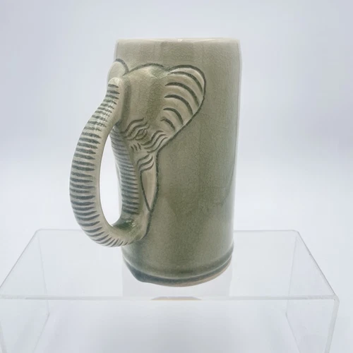 Vintage Stoneware Thai Celadon Elephant Coffee Tall Mug Trunk Handled Stein Cup