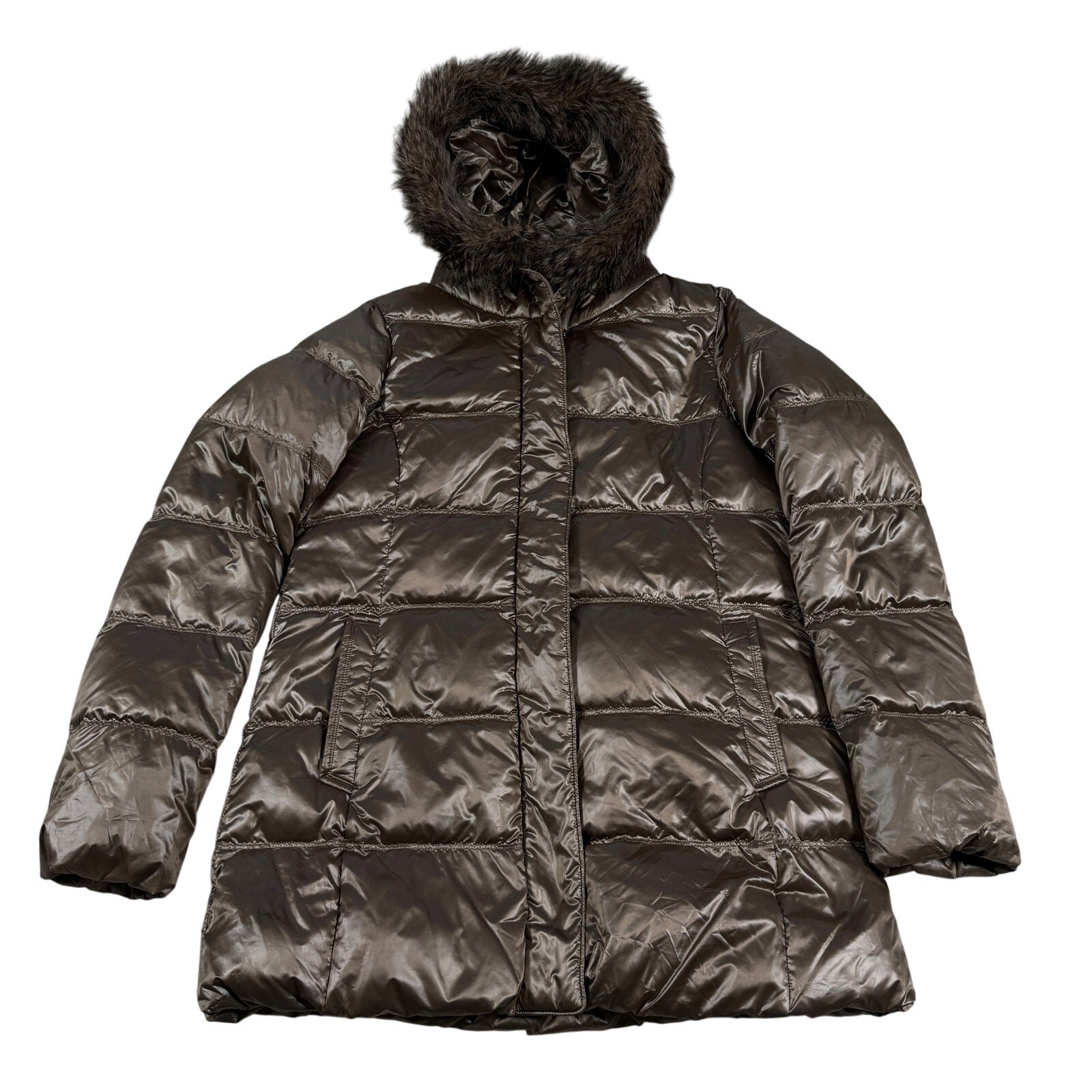 Uniqlo Brown Down Puffer Jacket Faux Fur Hood Women’s Size M Long Quilted Coat