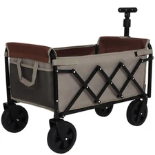Convertible Folding Camping Wagon Cart with Bench Seat, Storage Compartment &