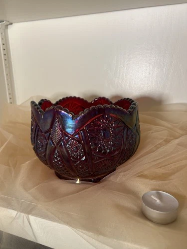 Indiana Glass Ruby Red Carnival Lords & Ladies Bowl Iridescent Footed Vintage