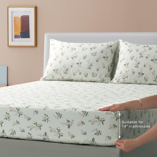 Microfiber Bed Sheets King Size Fitted Sheet Set 4 Piece Yellow Puprle Floral... - 第 2/4 張圖片