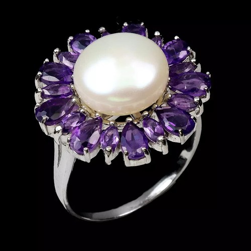 Silver Ring Pearl Purple Amethyst Genuine Natural Gems Solid Sterling P US 7.75 - Picture 22 of 24