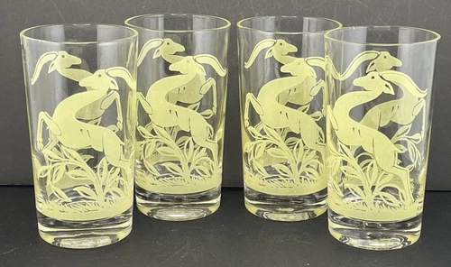 VTG MCM Federal Glass Leaping Gazelle Tumblers – Yellow 8 oz Set of 4 Retro Glas