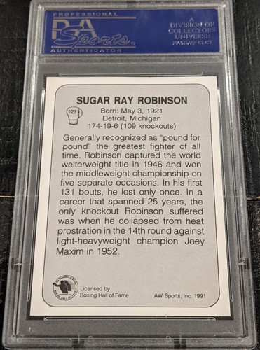 1991 AW Sports Boxing Sugar Ray Robinson PSA 10 GEM MINT #123 (POP 8 ONLY) - Picture 3 of 3