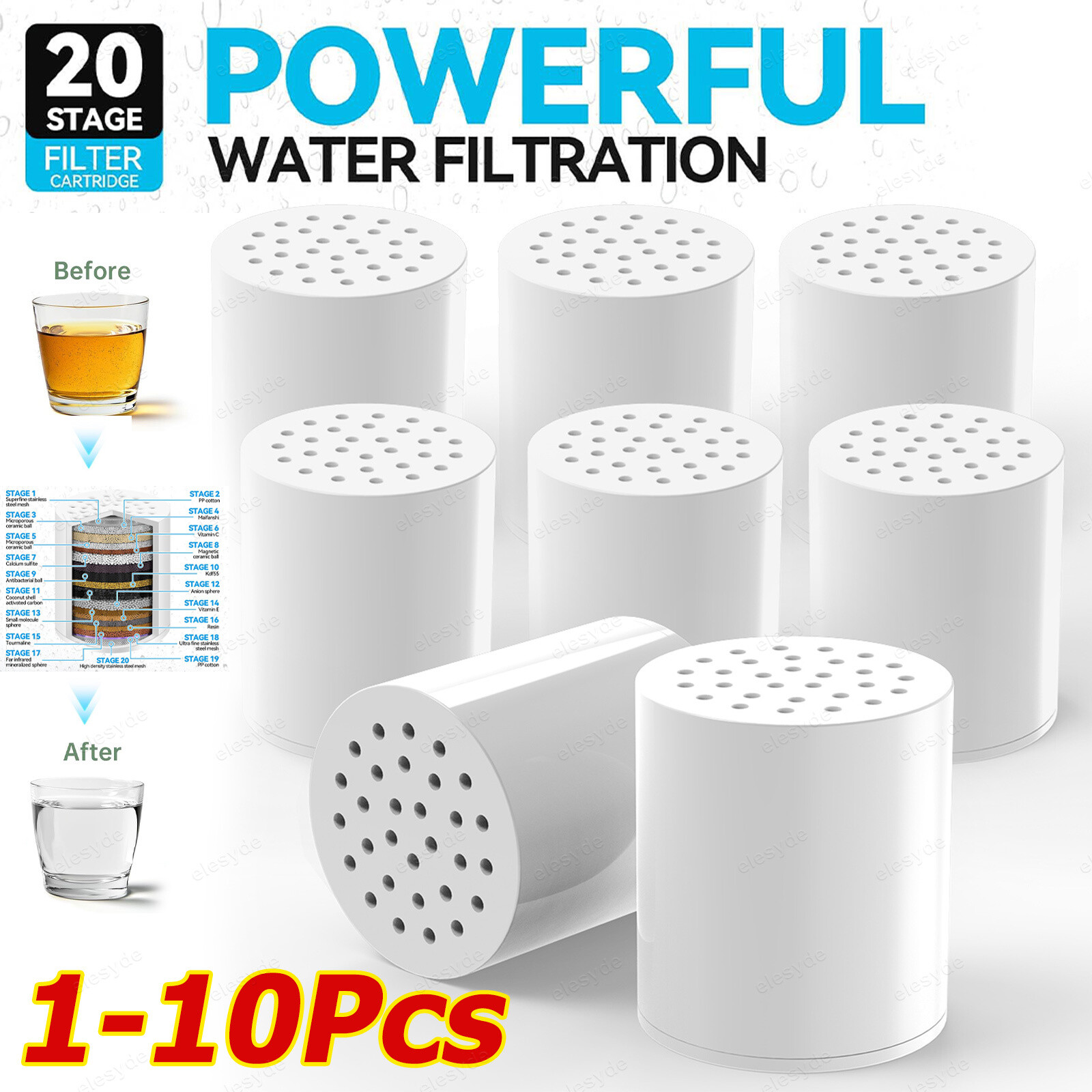 20-Pack Hard Water Shower Filter Replacement Cartridges for Stage Filtration
