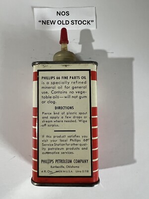 NOS Vintage Uncut PHILLIPS 66 Fine Parts 4 Oz Oil Can - Old Logo