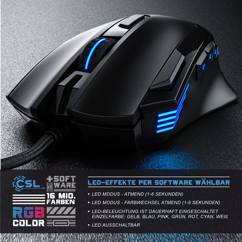 CSL Gaming Maus USB - optisch 9 Tasten 600 - 4800 dpi 7 Farben LED Farbwechsel - Bild 3 von 8