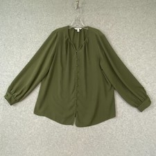 Nine West Top Womens XL Dark Olive Long Sleeve Button Front Dressy Tunic