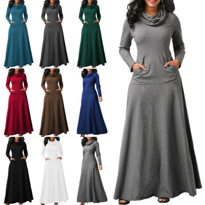 ladies long dresses ebay Women's Casual Pockets Maxi Dress Sleeve High Neck Pullover Dresses⇓ Midi dress