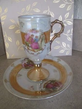Vintage Porcelain Footed Courting Couple Demitasse Teacup and Saucer Set #E1554