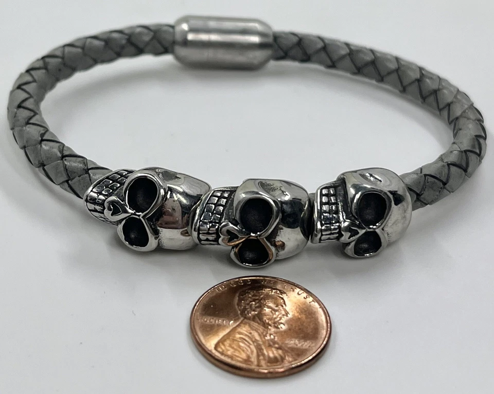 Unisex Stainless Steel 3 Skull Faux Leather 8.5” Bracelet (1253) - Image 2 of 4