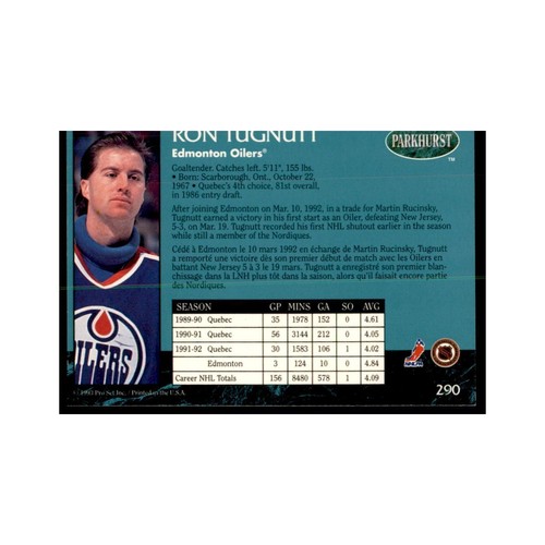 1992 Parkhurst French Ron Tugnutt Hockey Cards #290 - Picture 2 of 3