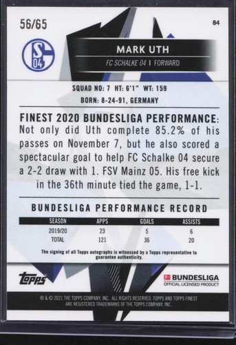 2020-21 Topps Finest Bundesliga #84 Mark Uth Autographs Blue Refractor #/65 - Afbeelding 2 van 2
