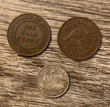 Lot of 3 Australian Coins: 1922 1/2 Penny, 1943 1/2 Penny, and 1942 Six Pence