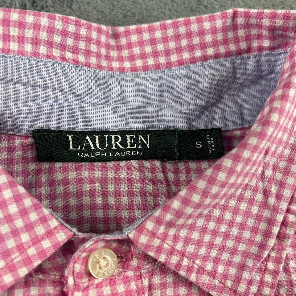Camisa pijama feminina Lauren Ralph Lauren pequena rosa botão para baixo algodão monograma - Imagem 3 de 4