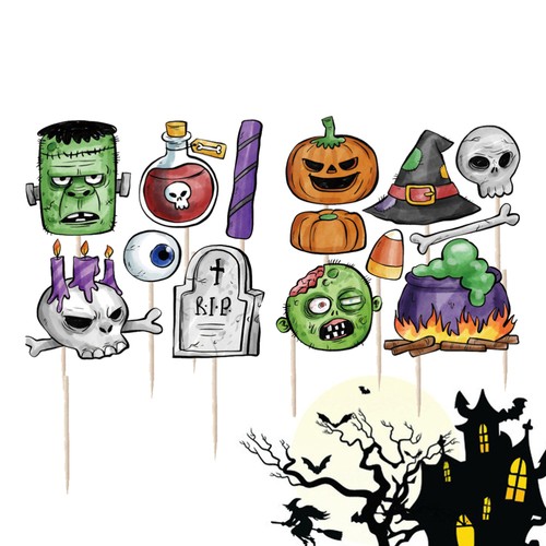 28pcs Halloween Cake Toppers Pumpkin Ghost Theme Decorative Cupcake Muffin Food - Picture 4 of 11