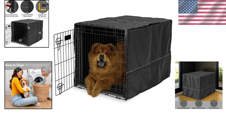 Black Polyester Dog Crate Cover for 36-Inch Crates - Reduces Barking & Chewing - Image 2 of 4