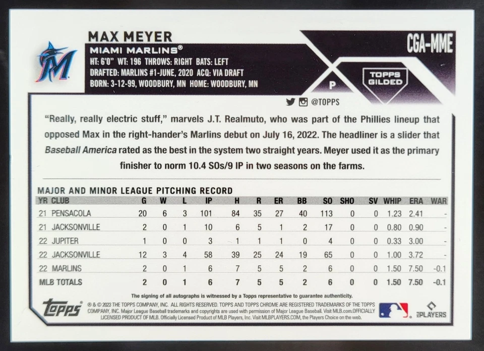2023 Topps Gilded Collection Max Meyer Chrome Gold Etch Auto /99 RC Marlins CG4 - Image 2 of 4