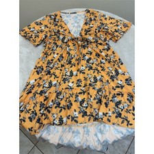 SHEIN Curve Dress Womens 3XL Yellow Floral Hi-Low Tie Front V-Neck
