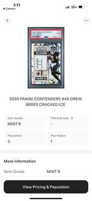 2020 Panini Contenders Drew Brees #40 Cracked ICE 9/22 Jersey Match PSA 9 pop 3