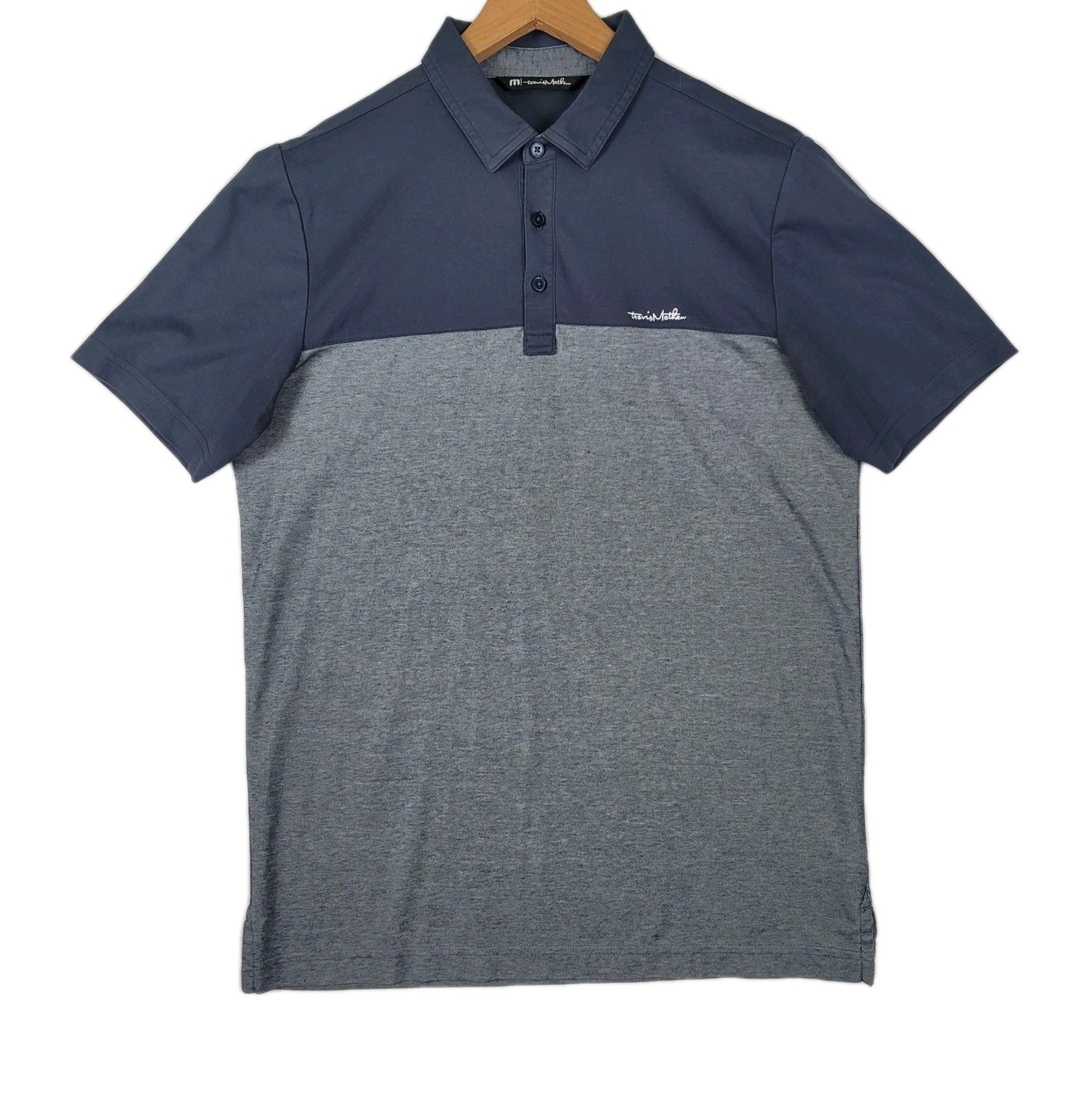 Travis Mathew Golf Polo Shirt Blue Gray Colorblock Pima Short Sleeve Medium