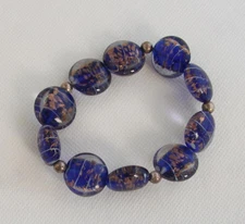 Vintage Murano Style Cobalt & Gold Glass Beads Stretch Bracelet & Silver Spacers