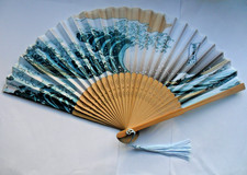 Blue patterned Kanagawa Wave Tsunami  Silk Folding Hand Fan Bamboo  Japanese
