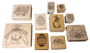 Lot of 10 Easter / Spring Themed Rubber Stamps Wood Mounted Easter Eggs Rabbits
